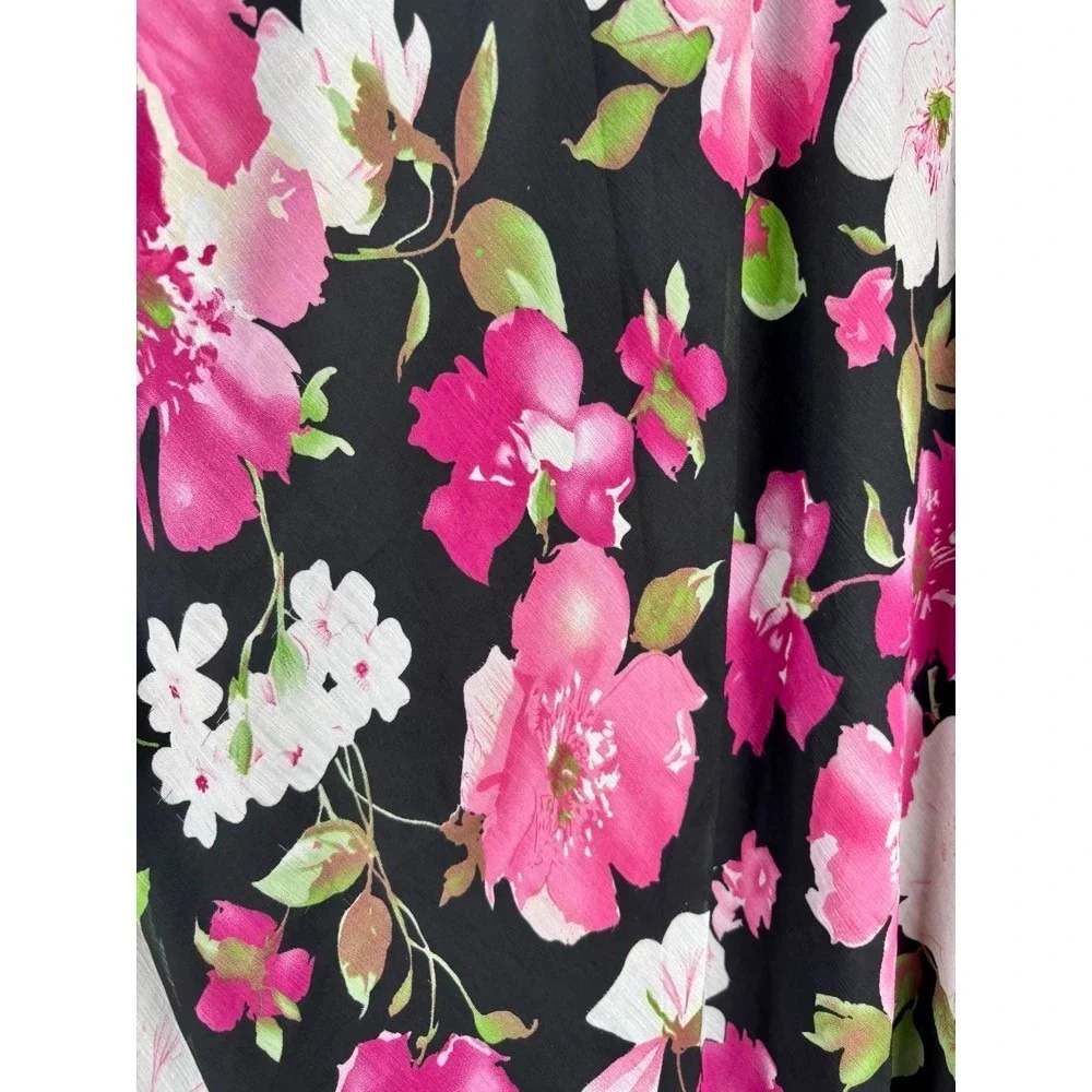 Black Floral Midi Skirt Women's Sz PM Flowy Ruffle Hem Boho Cottage Prairie - Picture 2 of 14